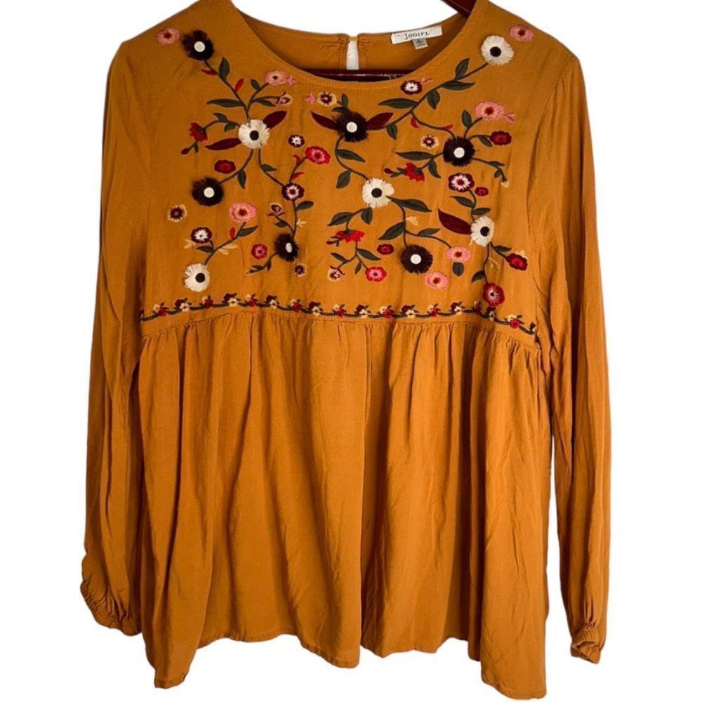 Jodifl Womens L Mustard Floral Embroidered Boho Longsleeve Babydoll Flowy Blouse